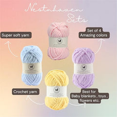 NESTNHAVEN , Plush & Cuddly Sets 2.0 , Chenille Yarn Supersoft Hand Knitting Wool Ball, set of 4 , 400 grams (1 Ball/100 Gram Each) Suitable for Craft, Babywear, Toys , Baby Blankets , 5 Bulky, Shades - NNHS 2.0 (Set 26 baby Pink , lilac , hot pink…
