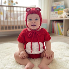 MOMISY Handmade Crochet Baby Romper Set, Red Bear Design with White Belly, Matching Cap, Photography Costume Prop