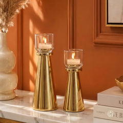 Behoma Handcrafted Golden Tea Light Candle Holders Set of 2 | Premium Metal & Glass Candle Stand | Centerpiece for Living Room, Coffee Tables & Home Decor Gift (Candles Not Included)