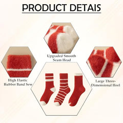 MOMISY Fuzzy Socks for Women Men, Fluffy Cozy Warm Winter Thick Plush Crew Slipper Socks, Red and White, 3 Pairs
