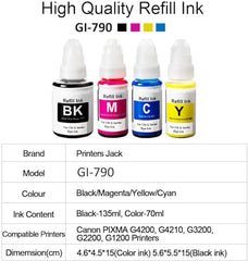 Ink Set GI-790 Compatible with Canon G1000, G1010, G1100, G2000, G2002, G2010, G2012, G2100, G3000, G3010, G3012, G3100, G4000, G4010 (CN - 790 Set)