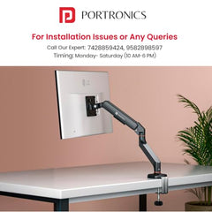 Portronics Aerolift Solo Gas Spring Monitor Arm, Desk Mount for 13–32 Inch Screens, VESA 75x75 & 100x100 mm, Full Motion Tilt/Swivel/Rotation, C-Clamp & Grommet Installation, Aluminium Build
