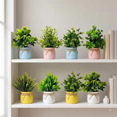 amazon basics Artificial Potted Plants, Artificial Plastic Eucalyptus Plants Small Indoor Potted Houseplants, Small Faux Plants for Home Decor Bathroom Office Farmhouse (Set of 8)