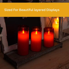 Flameless LED Pillar Candle Set of 2 | Acrylic Fiber Glass | Dancing Faux Wick | Remote Control with Battery Operated 3 AA | Home Décor & Gifting | 3" D x 6" H | Red