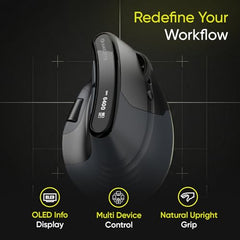 Amkette XS Natural Plus Programmable Vertical Wireless Mouse/Bluetooth Mouse, OLED Display Side Scroll, 6400DPI, 2.4G+3×BT+Wired, 7 Button, Rechargeable, Supports Web Software, 1000Hz, Black
