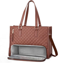Crewer Elegant Work Bag with Lunch Compartment – Laptop Tote Bag with Lunch Box Section, Office Bag with Insulated Lunch Storage – Stylish Quilted Shoulder Bag for Women. (Cream)