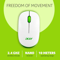 acer Flow Wireless Mouse | 1600 DPI Optical Sensor | 2.4GHz Wireless with USB Nano Receiver | Ergonomic Lightweight Design | Smooth Tracking for Laptop, PC & Mac – White/Green