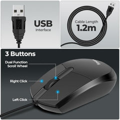 Foxin Glance Grey Wired USB Mouse | 1200 DPI Optical Sensor | Ergonomic & Lightweight (68g) with 3-Button | Plug & Play | 1.2M Cable | Silent Buttons | Wired Mouse for Laptop, PC, Desktop & Office Use