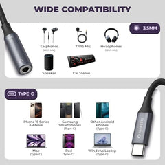 Amkette Type C to 3.5mm Audio Jack Connector | DAC Chipset | Kevlar Braided Cable | Compatible with iPhone 16,15 Series & Other Type C Phones | Premium Aluminum Build | Plug & Play Compatibility