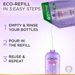 L'Oreal Paris Hyaluron Moisture Shampoo Refill - Hyaluronic Acid, 500ml | 500ml refill for dry, dehydrated hair. Provides 72 hours hydration, leaving hair soft, shiny, & bouncy. Ideal for daily wash.