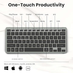 Amkette Wi-Key Mini 2 (3in1) Multi-Device Wireless Keyboard and Mouse Combo, Scissor Keys, One-Click Device Switching, Dual OS Layout, 3200 DPI Mouse, macOS, Windows, Android & iOS Compatible, Grey