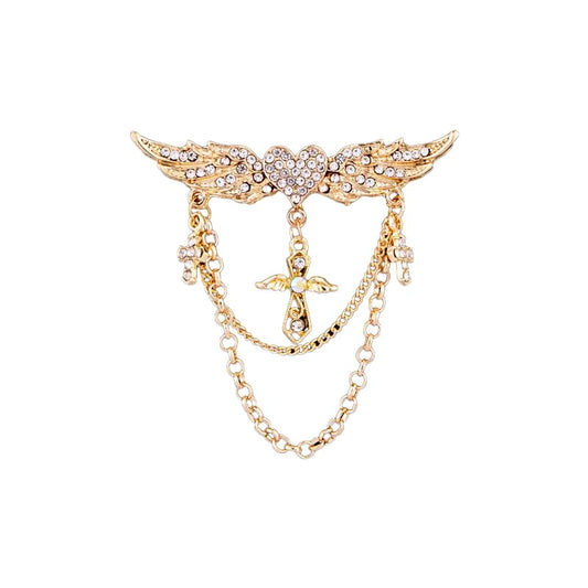 SYGA Men's & Women Suit Shirt Stud Lapel Pin Chain Tassel Brooch Pin with Wings cross model Crystal Chain(Gold)