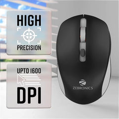 ZEBRONICS Zeb-Jaguar Wireless Mouse, 2.4GHz with USB Nano Receiver, High Precision Optical Tracking, 4 Buttons, Plug & Play, Ambidextrous, for PC/Mac/Laptop (Black+Grey)