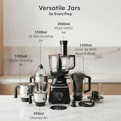 Prestige Prisma Pro 750W 5 Jars Mixer Grinder|Stainless Steel Jars 3U, Multi Utility Jar 1 U, & Juice Jar 1 U|6 Super-Efficient Blades|Black & Silver