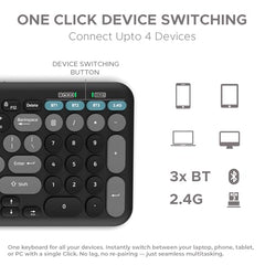 Amkette Optimus XL Plus Rechargeable Wireless Keyboard/Bluetooth Keyboard for PC, Compact Design. Powerful firmware. 2.4G+3xBT, One Click Device Switching & AI Access, Dual OS Layout (Black)