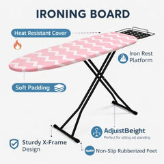 STEFFAN Heavy Duty Vertical Ironing Board, Foldable, 19 mm Metal Bracket, Adjustable Height, Pure Cotton Cover, Lattice Design | Clothes Iron Table| Home Laundry Accessory | 111x30 cm, Pink