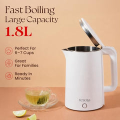 Tesora 1.8L Electric Kettle, 1500W,Stainless Steel Interior, 12 Recipe Book | Electric Water Boiler, Tea Maker, 1500W Fast Boiling, Cool-Touch Body, 360° Base, Auto Shut-Off, Boil-Dry Protection