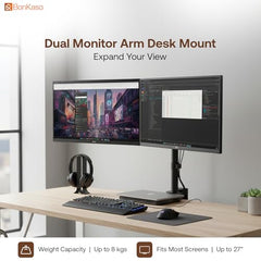 BonKaso Dual Monitor Stand for Desk | Height Adjustable Alloy Steel Arm Mount for 13”–27” Screens | 360° Rotation, Tilt & Swivel, Cable Management, Space-Saving Dual Arm Monitor Mount (Black & White)