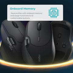 Rapoo MT760L Ergonomic MultiDevice Mouse, Rechargeable, Onboard Memory, Blk