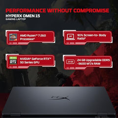 HP Smartchoice HyperX OMEN 15, AMD Ryzen 7 260, 8GB-RTX 5050, 24GB DDR5 (Upgradeable), 1TB SSD, 180Hz, 2.5K, 500 nits, 3ms RT, 15.3''/38.9cm, Win11, Office24, Black, 2.42kg, gb0038AX, AI Gaming Laptop
