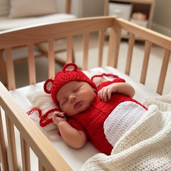 MOMISY Handmade Crochet Baby Romper Set, Red Bear Design with White Belly, Matching Cap, Photography Costume Prop