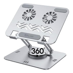 COOLCOLD Laptop Stand with Detachable Magnetic Dual Cooling Fans, 360° Rotating Base, Adjustable Height & Angle, Foldable Ergonomic Holder for Up to 14 Inch Laptops, MacBook, HP, Dell, Lenovo, Grey