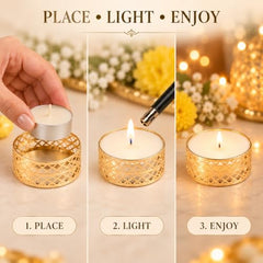 Little Blooms 12-pcs Metal Tea Light Holder - Golden Round Decorative Diya Stand | Tealight Candle Holders for Home Decor | Elegant Tealight Holder for Festivals & Special Occasions