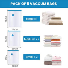 BRINKL Vacuum Storage Bags, 5 Pack with Air Pump, 80% Space Saving, Multiple Sizes - Small 50x70 cm, Medium 60x80 cm, Large 80x100 cm