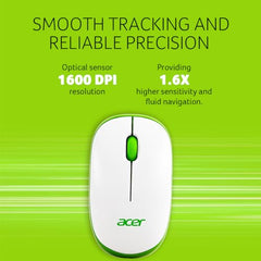 acer Flow Wireless Mouse | 1600 DPI Optical Sensor | 2.4GHz Wireless with USB Nano Receiver | Ergonomic Lightweight Design | Smooth Tracking for Laptop, PC & Mac – White/Green