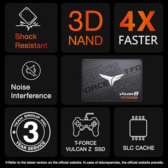 TeamGroup T-Force Vulcan Z 1TB Gaming SSD, Sata III 6Gbps Interface, SLC Cache, 3D NAND TLC, 2.5 Inch Form Factor, Internal Solid State Drive, Speed Up to 550/500 MB/s, High Performance, Low Latency