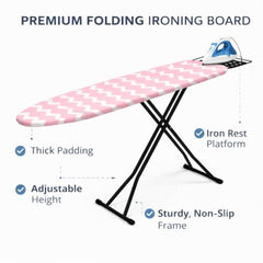 STEFFAN Heavy Duty Vertical Ironing Board, Foldable, 19 mm Metal Bracket, Adjustable Height, Pure Cotton Cover, Lattice Design | Clothes Iron Table| Home Laundry Accessory | 111x30 cm, Pink