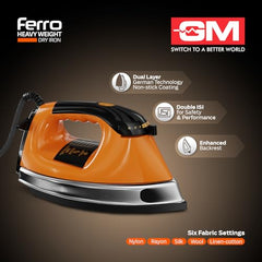 GM Ferro 1200W Heavyweight Dry Iron Press 1.75 Kg | Dual Layer German Non-Stick Coating with 2 Yrs Warranty | Shock Proof Iron Box for Clothes with 1.8M Cord Length | Enhanced Back Rest for Safety