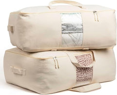 ALPHIT Extra Large Storage Box Soft Canvas Storage Bags with Zipper 4-Carrying Handles and Window 25x19x9 inch Bag for Blankets Pillows,Woman Dresses,Sarees,Lehengas for Wardrobe Organizer (PACK OF 1)