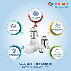Bajaj Plastic GX 8 750 DLX 750W Mixer Grinder with 3 Jars, White