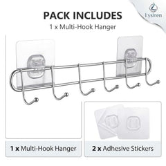 LYSIREN Door Hangers for Clothes, Hanger for Wall – Stainless Steel Bathroom Wall Hook with 6 Hooks, Self Adhesive Magic Sticker Door & Wall Hanger for Towel, Kitchen & Clothes, 5 Kg Capacity, Silver