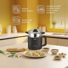 Glen Electric Kettle with Steamer 1.5L, 600W | Multipurpose Kettle for Tea, Coffee, Milk, Eggs, Soup & Noodles | Egg Boiler, Food Steamer, Dual Heat Settings, Auto Shut-Off SA9016 MCK