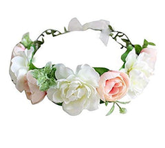 SYGA Women Front Side Rose Floral Crown Hair Wreath Leave Flower Headband Tiara with Adjustable Ribbon