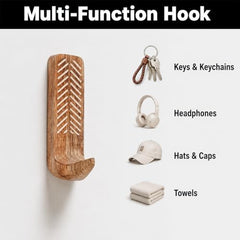 IndianShelf 6 Decorative Wood Adhesive Wall Hooks No Drill - Fork Art | Handmade, Renter Friendly, Waterproof, Reusable, Peel and Sticky Hooks for Keys, Towel, Bags, Light Coat, Jewelry, 10Lb Load