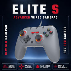 EvoFox Elite S Advanced Wired Gaming Controller for PC, 1000Hz Polling Rate, Hall Effect Joysticks, Programmable Macro Buttons, Sniper Mode & Turbo Mode, Dual Vibration, RGB Lighting, 1.8m Cable, Grey