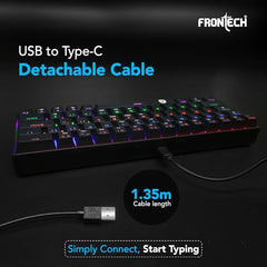 FRONTECH 63-Key Mechanical Gaming Wired Keyboard, Rainbow Backlit, 26 Anti-Ghosting Keys, Detachable Type-C Cable, Compatible with Windows/Mac/iOS/Android (KB-0010P)