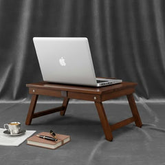 INTRAHAUS Wooden Extra Large Multi Tasking Height Adjustable Foldable Laptop Table Portable Study Writing Desk for Bed Sofa Home Office Use Walnut Color Wide Surface Design