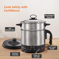 Amazon Basics Multi-Kettle Steamer 1.2L | Adjustable Power Modes 600 W | 7 - Egg Tray, Idli Tray, Iron Grill And Steamer | SS 201 Steel | Automatic Overheat Protection | Multipurpose Kettle
