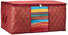 Amazon Brand - Solimo Underbed Storage Bag | Clothes Storage Organizer | Clear Window Blanket Cover | Cloth Organizer With Handle | Jute-Print Design | Large (Grey, Pack Of 3), 65 X 47 X 31 Cm