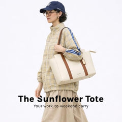 MOKOBARA Sunflower Tote 18L Laptop Bag 14 Inch Office Travel Handbag Beige | Stylish Purse College Girls Ladies Shoulder Bag Latest Waterproof Vegan Leather Tech Sleeve Luggage Strap Organizer Pocket