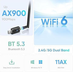 AX900S USB WiFi 6 Adapter Bluetooth 5.3, Compatible with Windows 11/10, Dual Band 2.4G/5Ghz, IEEE 802.11ax/900Mbps, Wireless Network Adapter with 5dBi Antenna (Not Compatible with iOS Linux)