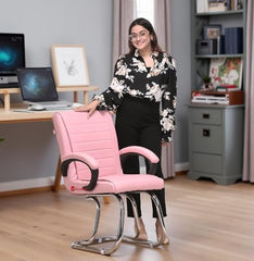 KITHANIA Executive Office Home Study Chair Library Chair with Cushioned Arm Rest & Seat Back, Reception or Conference Room Seating, 100 Kgs Limit (2, Pink, Double Pipe Chrome Frame)