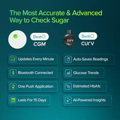 BeatO Combo: CURV Glucometer + BeatO CGM | Auto-Saves Readings | Sugar Test Machine | Android | Smartphone Connected Glucometer Machine | ISO Certified | Free Strips & Lancets | Lab-Grade Accuracy | Life time warranty (BGM-CGM) CGM Pack of 2
