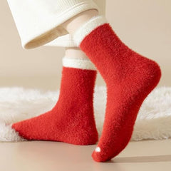 MOMISY Fuzzy Socks for Women Men, Fluffy Cozy Warm Winter Thick Plush Crew Slipper Socks, Red and White, 3 Pairs