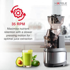 Hafele MAGNUS Cold Press Slow Juicer| 83mm Wide Chute| All-in-1 Fruit & Vegetable Juicer| 35RPM Speed for Max Nutrition| Stainless Steel Body| BPA Free Container| 250W
