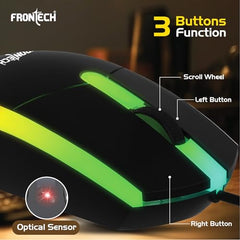 FRONTECH Wired Optical Mouse | 1200 DPI | 3-Button | Rainbow RGB Lighting | 1.2m Cable | 1 Year Limited Warranty (MS-0107)